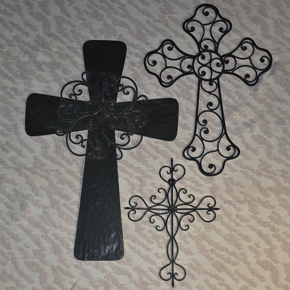 Black Decorative Scroll Metal Crosses Wall Art